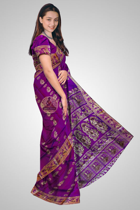 Authentic Bishnupur Baluchari saree in warm tangerine with hand-woven mythological narrative and uncut zari border