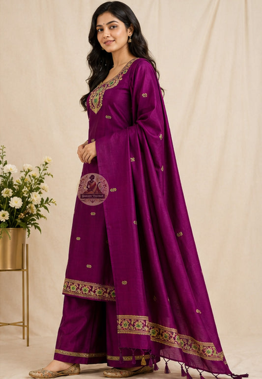 Close-up of magenta Baluchari Mulberry silk fabric showing intricate resham extra-weft border weave — Bengal handloom