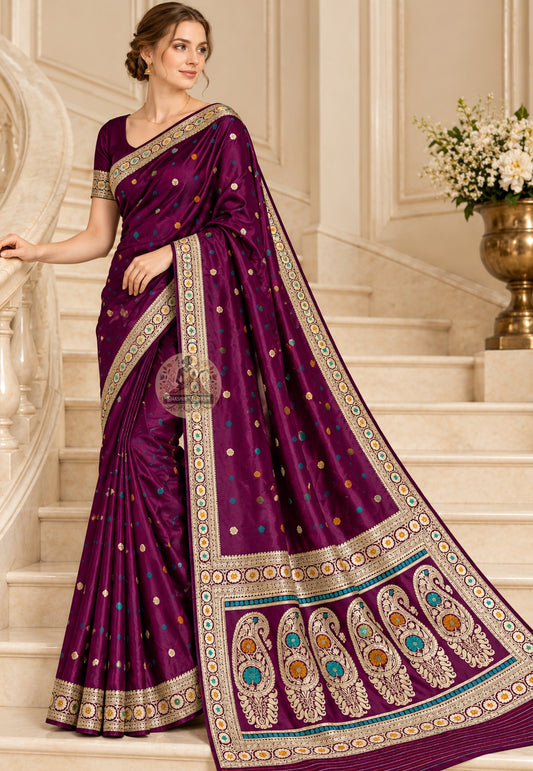 Front view of Bishnupur Baluchari pure silk saree with dense mythological motifs, handwoven by master weavers in West Bengal