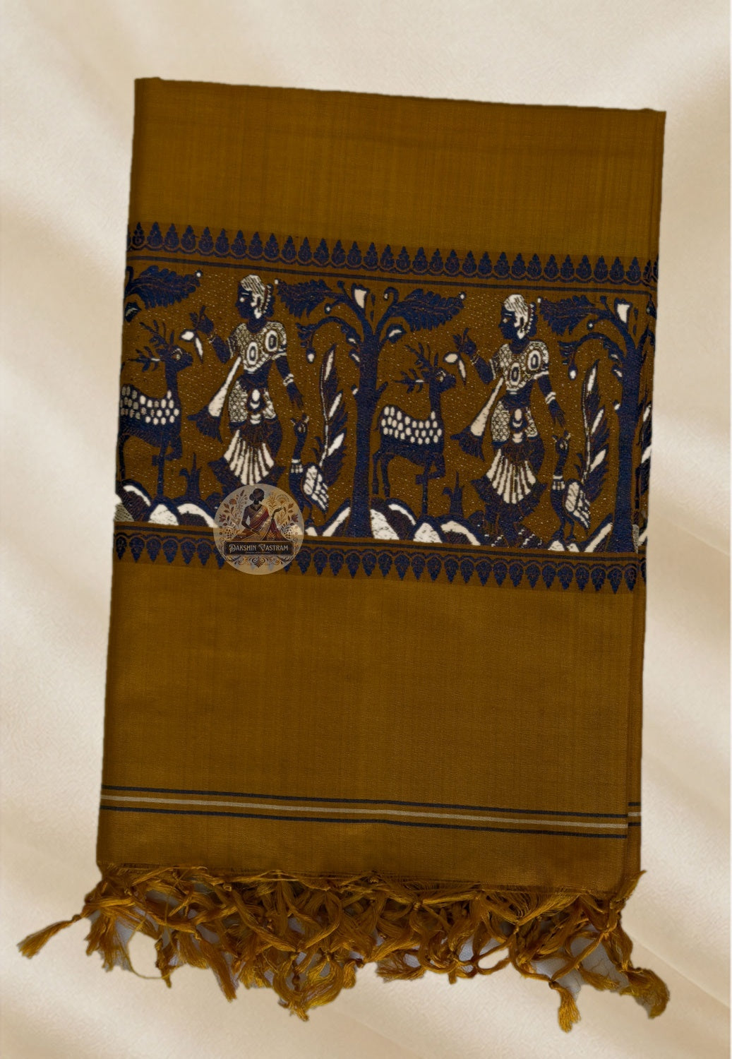 Flat lay of Baluchari silk stole showing styling options – slow fashion handloom piece available online across Oxford, Cambridge and the UK