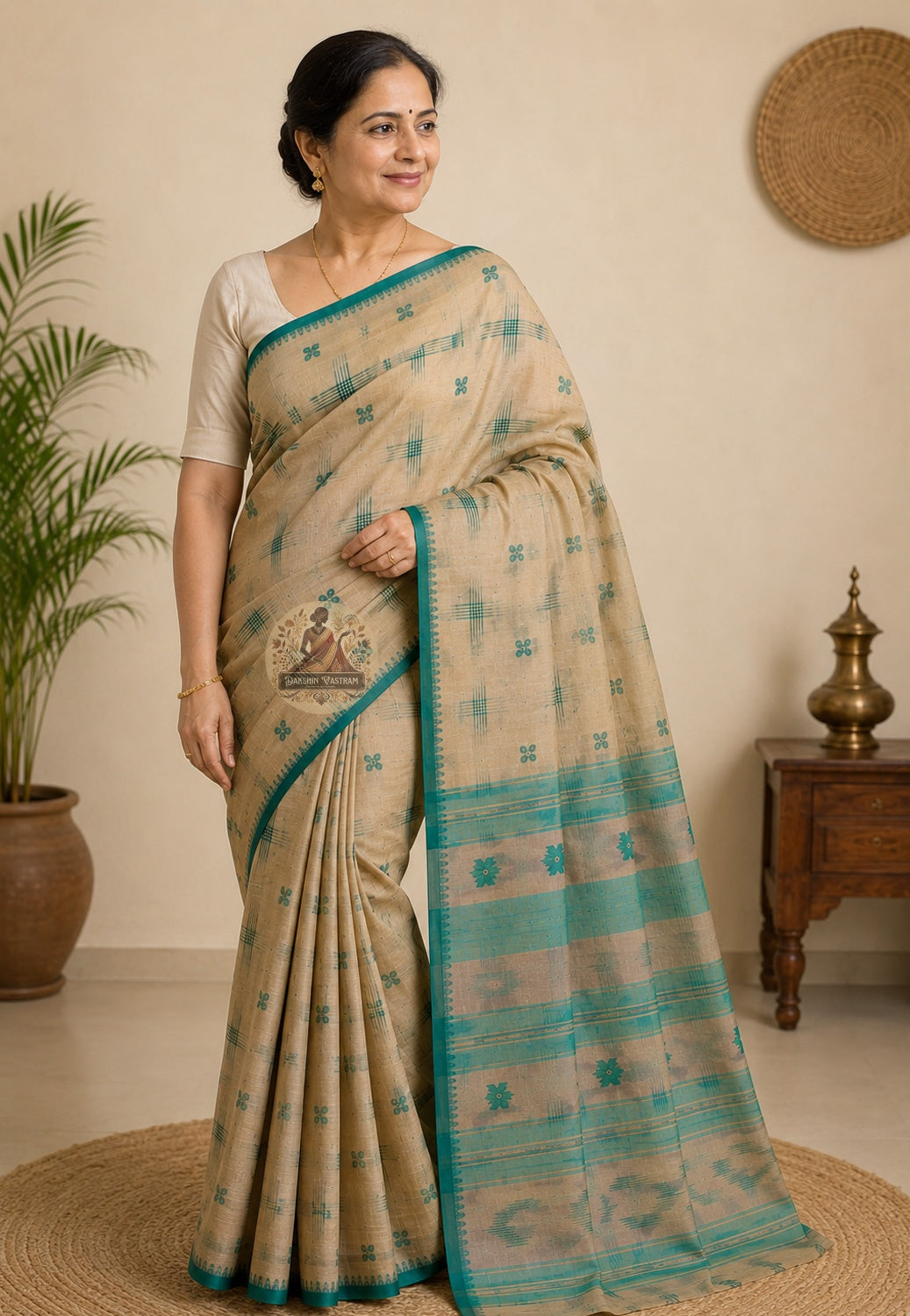 Front view of handloom pure cotton saree without blouse piece, a conscious craft choice from Durga Puja 2026 new arrivals by Dakshin Vastram