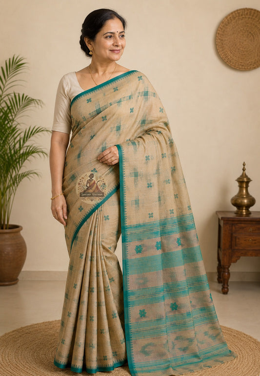 Front view of handloom pure cotton saree without blouse piece, a conscious craft choice from Durga Puja 2026 new arrivals by Dakshin Vastram