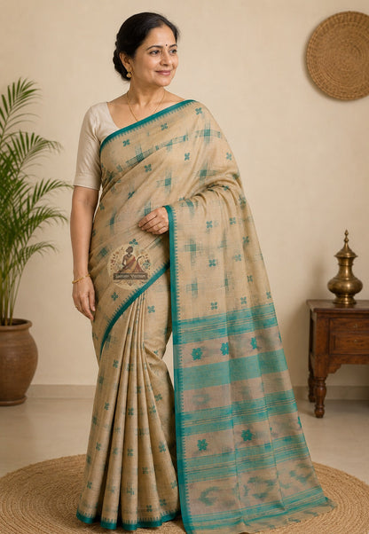 Side view of pure cotton handloom saree showing natural drape, soft fall, and breathable weave for festive and everyday wear