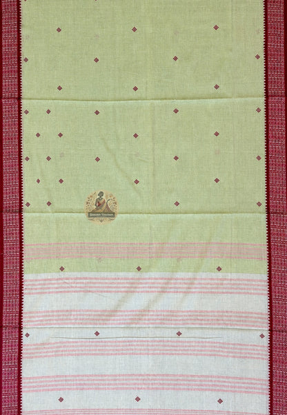 Rear view of pure cotton handloom saree highlighting the pallu and woven border, ideal for Rath Yatra and Durga Puja 2026 celebrations