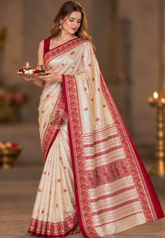 Front view of Bishnupur Garad heirloom pure silk saree in natural ivory, handwoven from pure mulberry silk by artisan weavers in West Bengal
