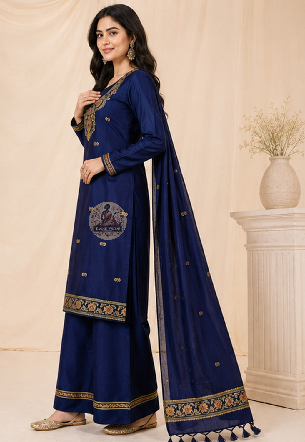 Close-up of Resham silk threadwork woven into neckline of deep blue Baluchari kurti fabric — pit-loom craft from Bishnupur