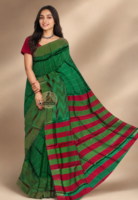 Front view of Bishnupur Pure Katan Silk Saree draped on model, showcasing handwoven Bengal heritage motifs and the deep lustre of pure mulberry silk