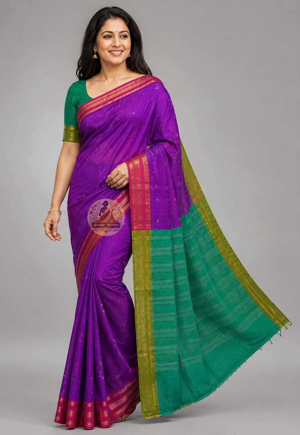 Bishnupuri pure katan silk saree front view – a woman's grace in handwoven Bengal silk, luminous drape with traditional Malla dynasty motifs for weddings and Durga Puja