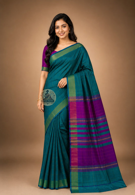 Front view of Bishnupur Pure Katan Silk Saree draped on model, showcasing handwoven Bengal heritage motifs and the unmistakable feeling of pure mulberry silk