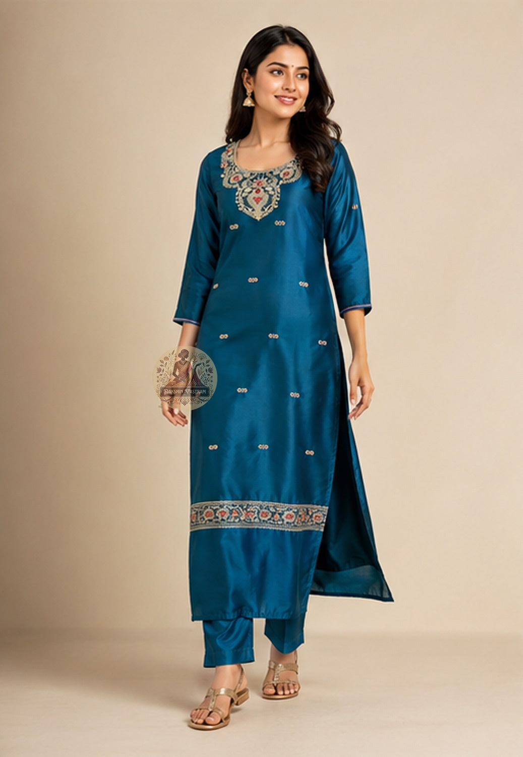 Traditional Baluchari narrative weave border motif on Peacock Green Mulberry silk kurti fabric – handloom craft from Bishnupur