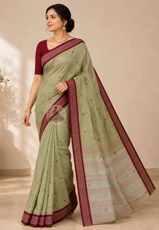 Front view of pure cotton handloom saree without blouse piece, a cool breathable choice for Indian summer, Durga Puja and monsoon festive occasions