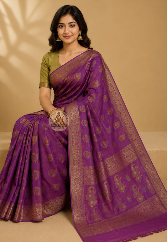 Side profile of Banarasi Muga Tussar Saree showing graceful full-length drape and rich body of pure wild Muga silk with natural golden lustre