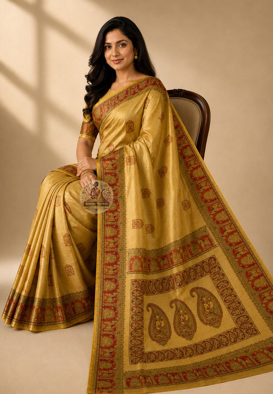 Front view of woman wearing Bishnupur Katan Silk Saree with tussar silk blouse, Navratri festive occasion