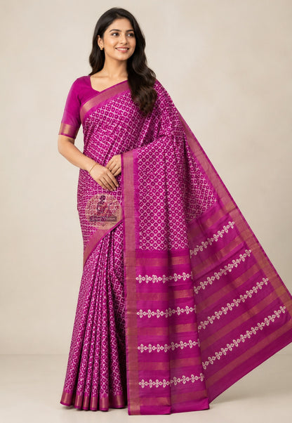 Front view of Ghicha Tussar Silk Saree in warm natural tone, handwoven raw silk draped on model, perfect for Vasant Panchami puja in Kolkata and Gudi Padwa celebrations in Pune