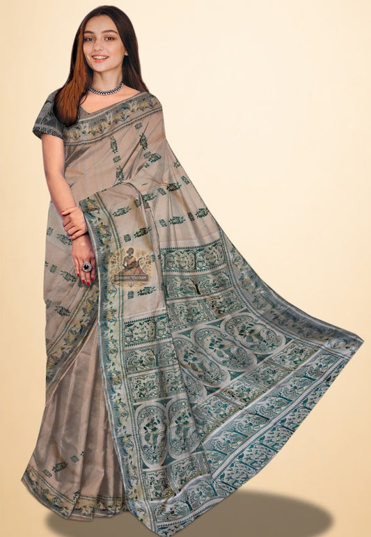 Pure handloom Baluchari silk saree with hand-interlocked woven story motifs on pallu and border