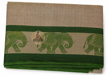 Full length view of pure cotton handloom saree without blouse, displaying complete body, border, and pallu as a thoughtful gifting saree for every occasion