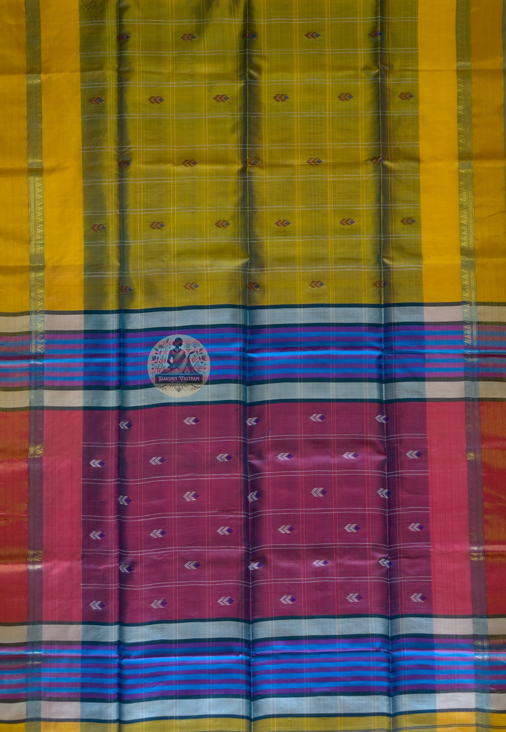 Close-up of Bishnupur Pure Katan Silk Saree – finest twisted-thread Katan weave holding light with extraordinary depth and presence, crafted by master weavers in Bishnupur, West Bengal