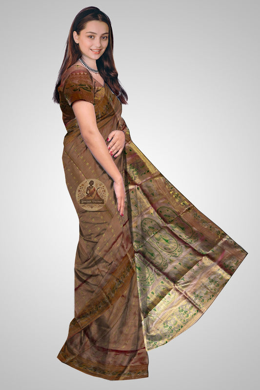 Artisan-woven Swarnachari Silk Saree in pure silk with folk gold motifs – conscious luxury, shipped to Kolkata and Chennai