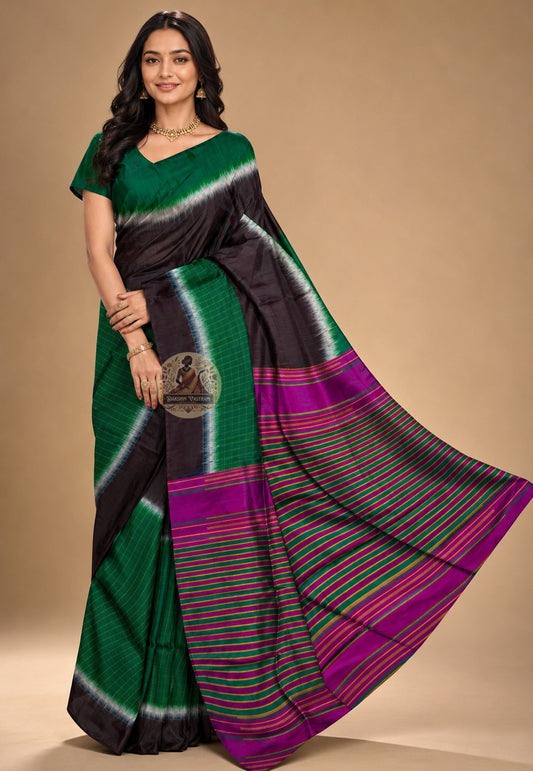 Front view of Bishnupur Pure Katan Silk Saree draped on model, showcasing handwoven Bengal motifs and lustrous silk sheen