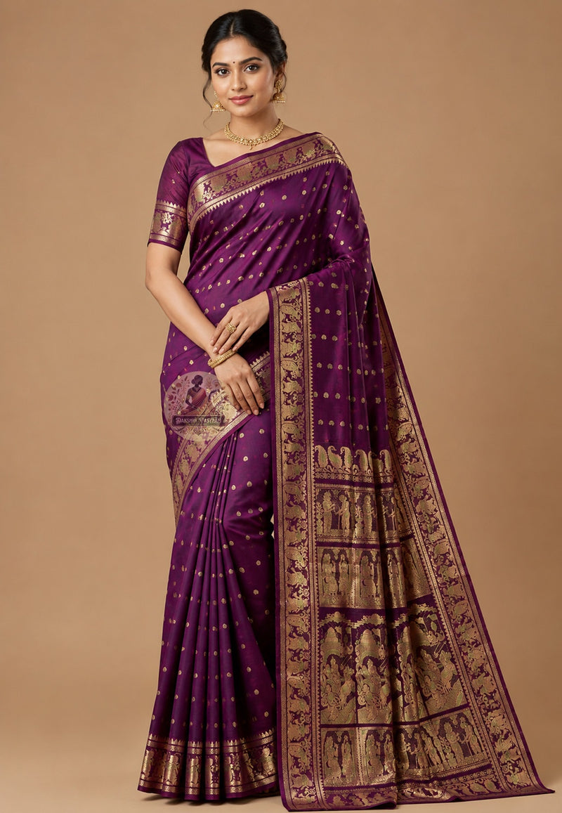 Front view of Swarnachari pure silk saree with golden zari border and woven mythological motifs, handloom West Bengal