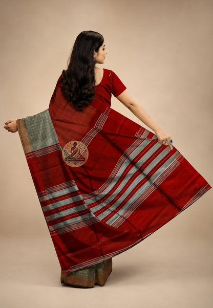 Rear view of handwoven Bishnupur Katan Silk Saree displaying the richly woven pallu with traditional Bengal terracotta temple and folk motifs inseparable from the pure silk