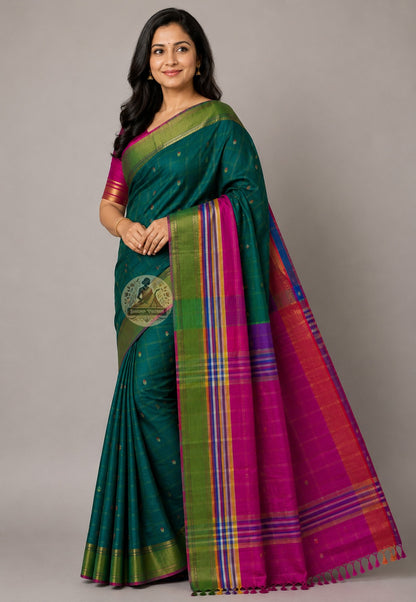 Rear view of Bishnupuri handwoven katan silk saree – elegant back drape with woven border detailing, premium Bengal heritage silk from Dakshin Vastram