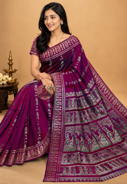 Side profile of handwoven Baluchari Silk Saree from Bishnupur showing graceful full-length drape and natural silk sheen with narrative woven border detail