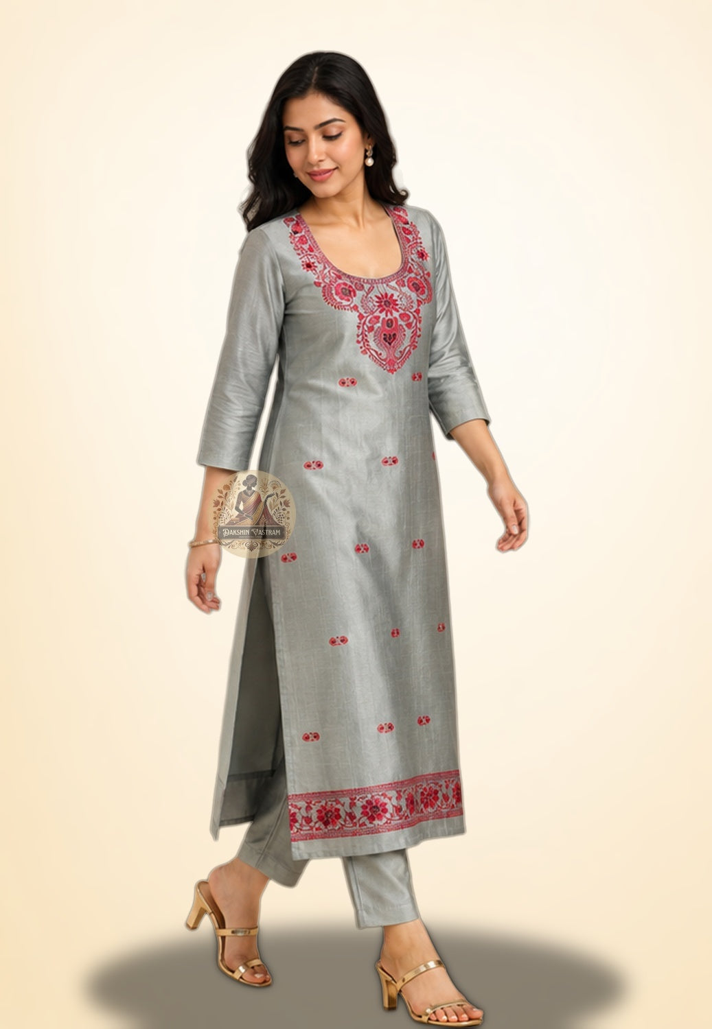 Silver Baluchari handloom silk kurti piece with contrasting Resham threadwork detail – premium Indian fabric UK