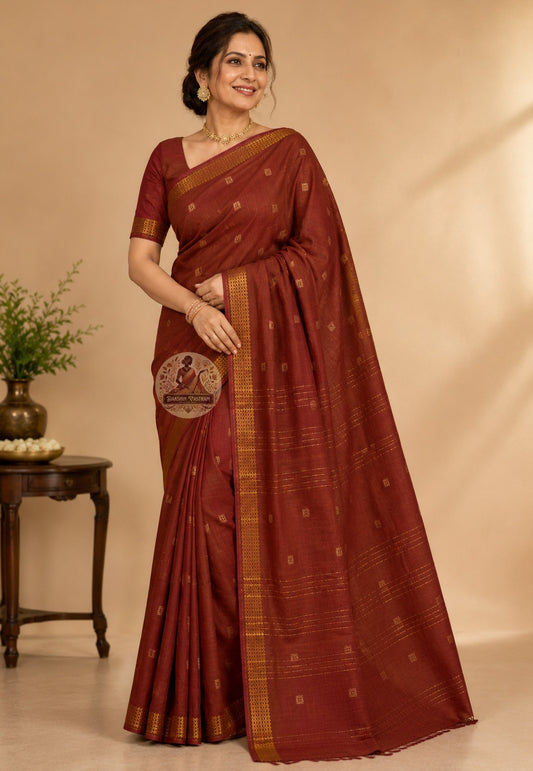 Side view of premium pure cotton saree showing elegant drape, graceful fall, and fine handloom texture