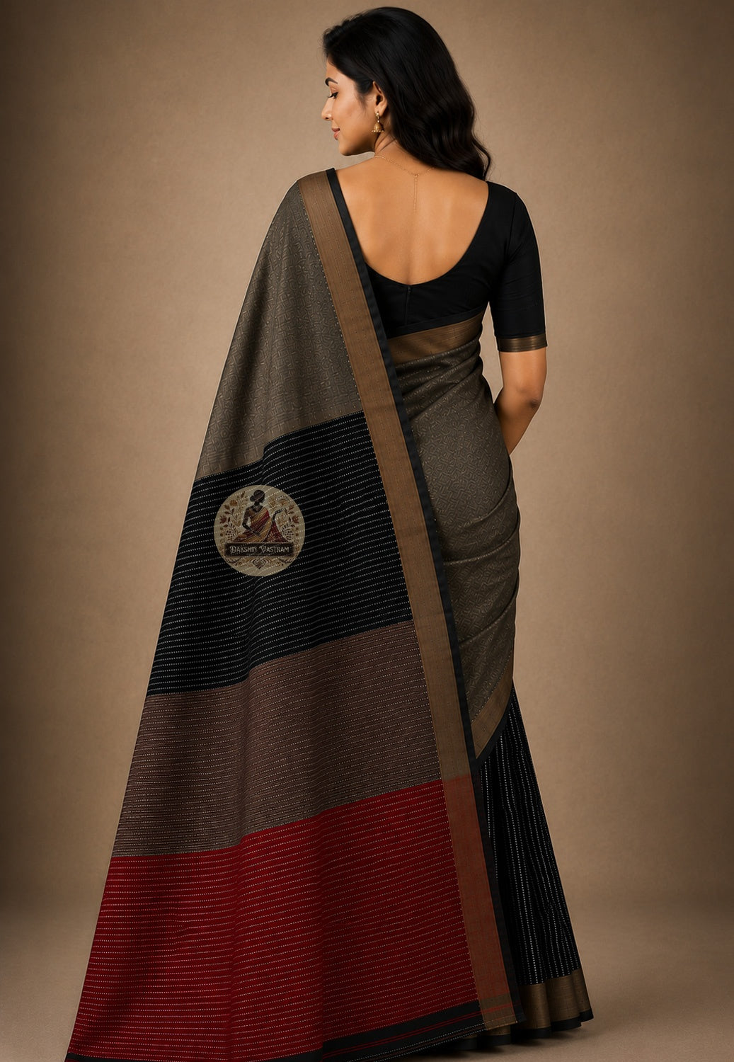 Rear view of Bishnupur Pure Katan Silk Saree displaying the richly coloured handwoven pallu with traditional Bengali motifs inspired by Bengal's temple architecture and natural world
