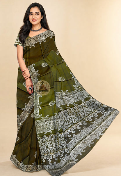 Bishnupur Silk Block Print Saree in elegant full drape – generational heritage Bengal silk saree for weddings and festive occasions | Dakshin Vastram