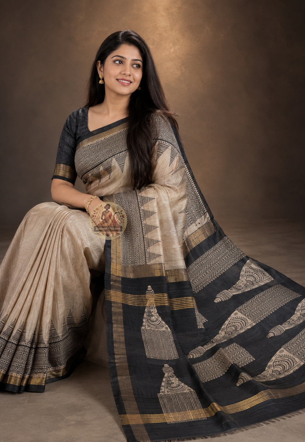 Rear view of Ghicha Tussar Silk Saree displaying pallu fall and handloom weave detail, artisan-crafted saree for Akha Teej puja in Indore and Vishu celebrations in Kochi