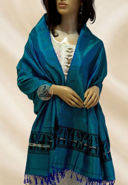Elegant Baluchari silk stole draped over traditional Indian outfit – available online in London and Birmingham