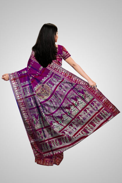 Pure silk Baluchari saree featuring Ramayana motifs woven in antique gold on burgundy