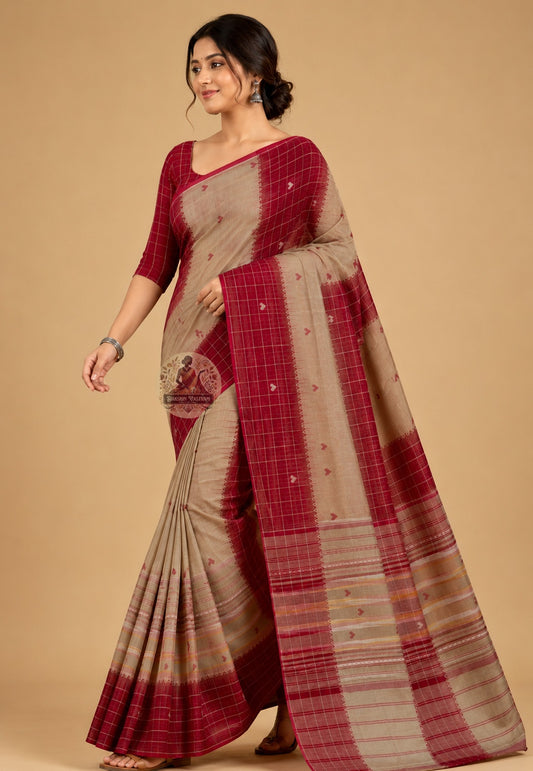 Front view of pure cotton handloom saree without blouse piece, crafted for the modern Indian woman for Durga Puja 2026 and everyday festive occasions