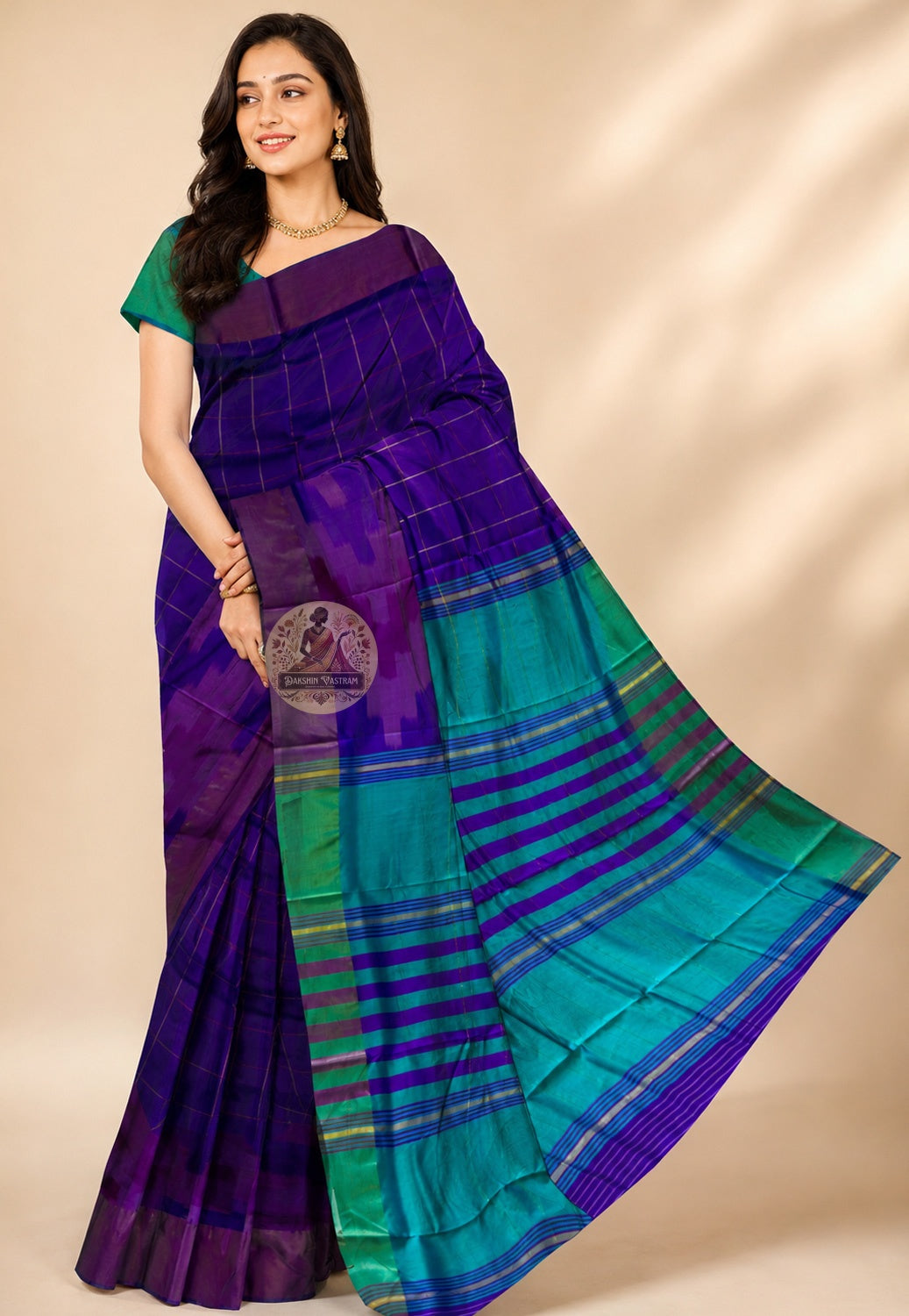 Front view of Bishnupur Pure Katan Silk Saree draped on model, showcasing handwoven Bengal heritage motifs and the quiet authority of pure mulberry silk