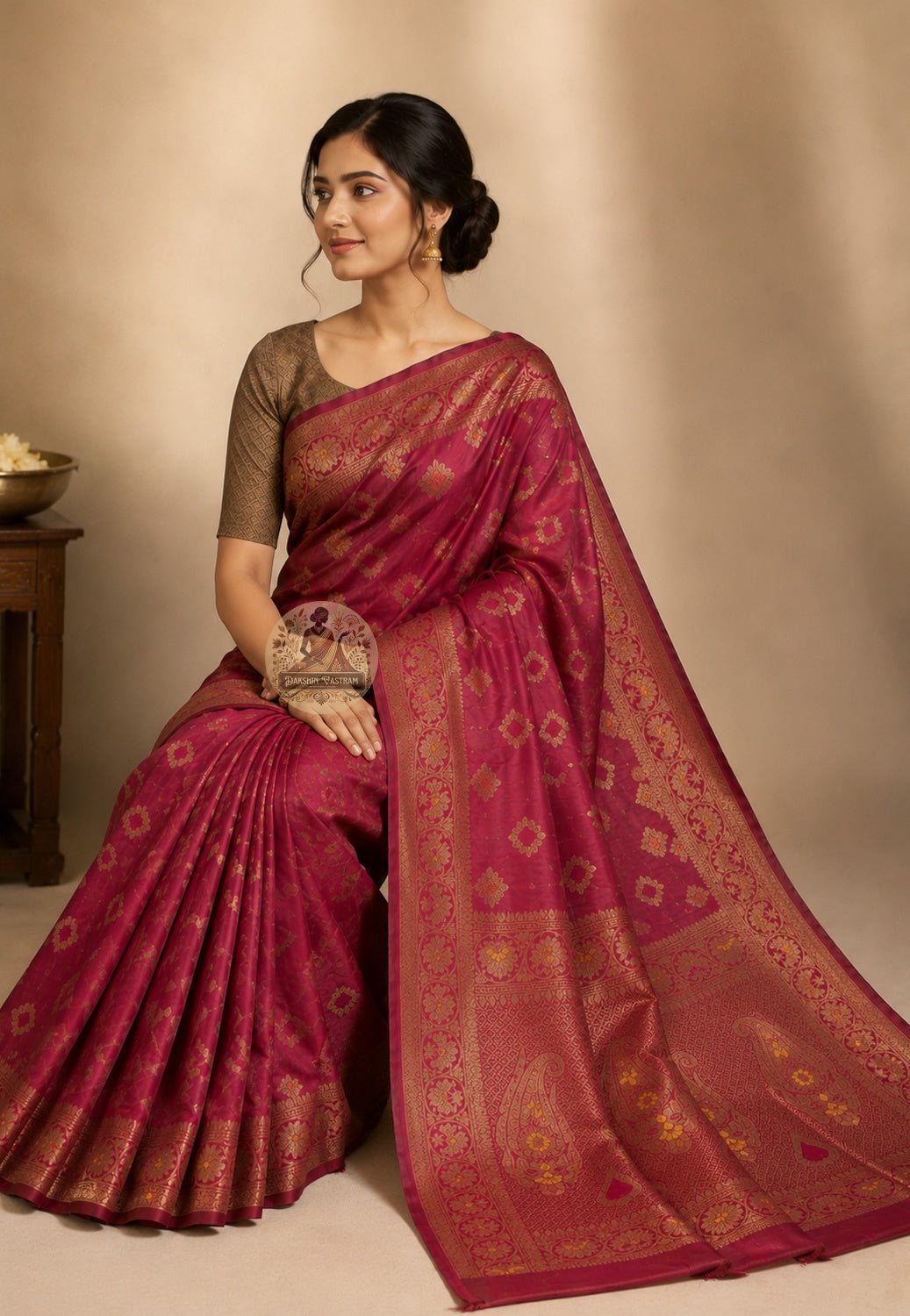 Rear view of Banarasi Muga Tussar Saree displaying ornate zari pallu with traditional Banarasi buti and jaal motifs in gold thread