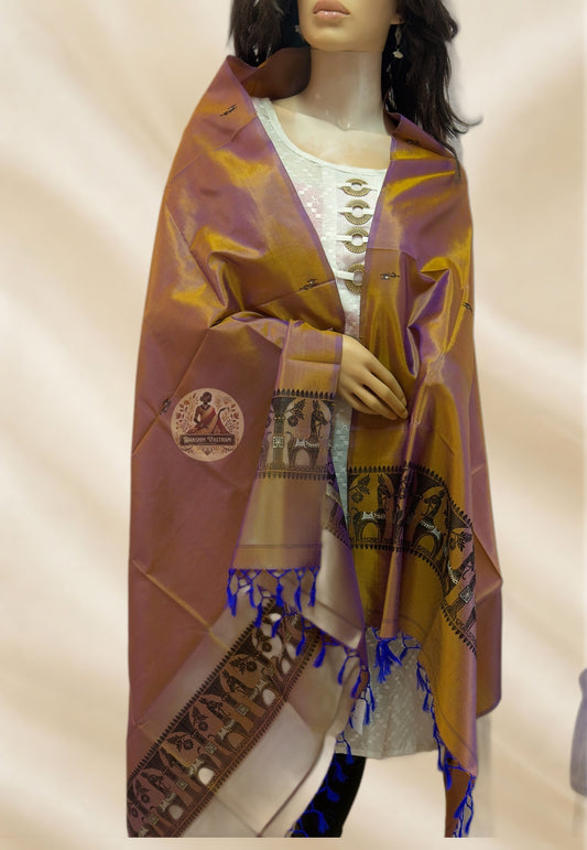 Close-up of hand-woven narrative border motifs on authentic Bishnupur Baluchari pure silk stole