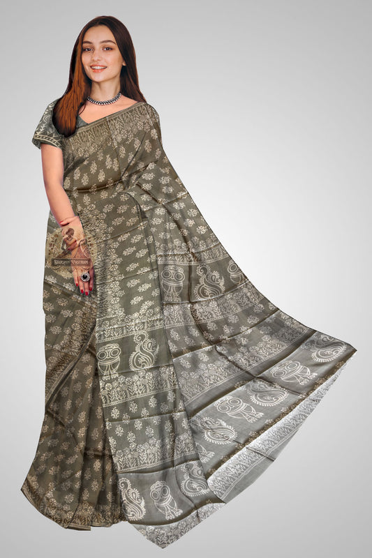 Buy Pure Bishnupur Silk Block Print Saree online – Front view of Mulberry silk saree