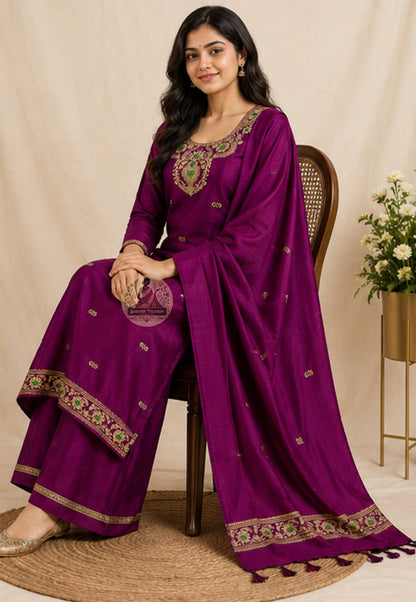 Unstitched Baluchari silk kurti piece in magenta draped to show natural sheen and fluid drape — artisan West Bengal