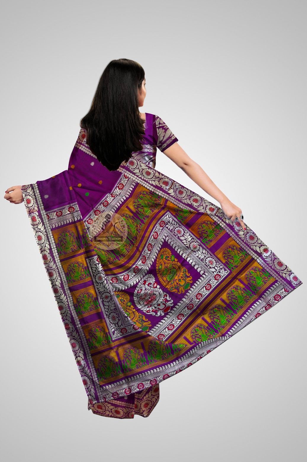 Pure silk Baluchari saree in burnt orange with hand-woven Mahabharata figures and zari pallu