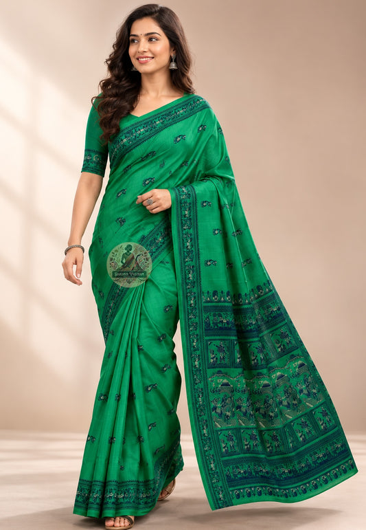 Front view of Baluchari Pure Silk Saree draped on model, showcasing the handwoven narrative silk body with traditional Baluchari buti motifs and the natural luminous drape of pure Bengal silk