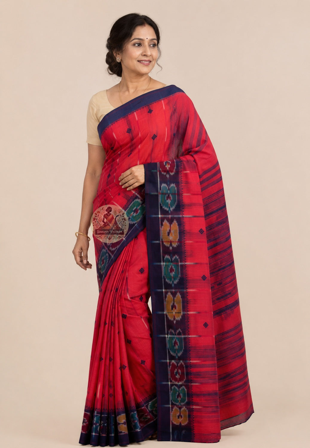 Side view of handloom cotton saree showing graceful natural drape, soft fall, and the quiet beauty of traditional Indian weaving