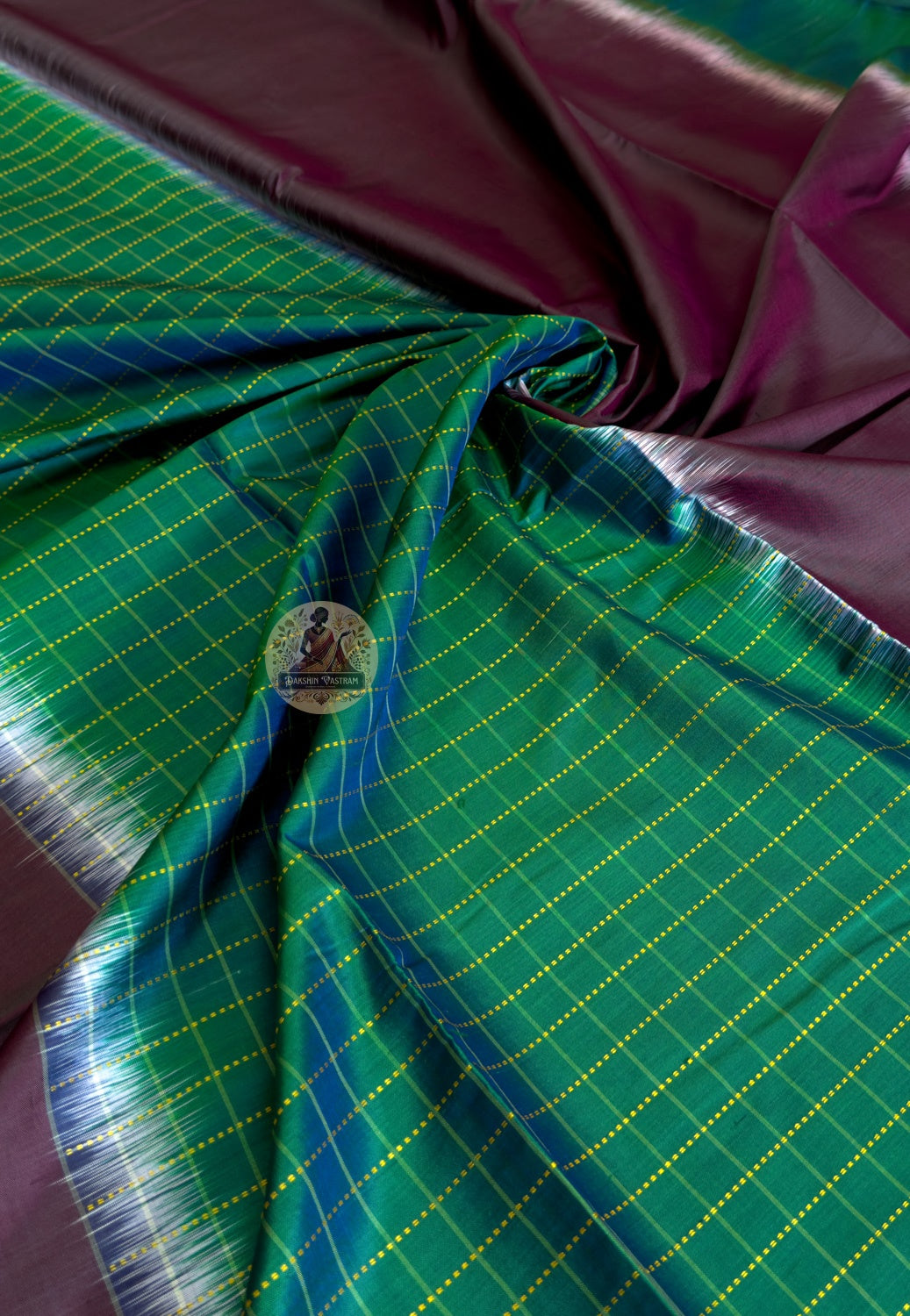 Detailed close-up of handwoven motifs on Bishnupur Katan Silk Saree, featuring intricate Bengal folk-inspired patterns in pure mulberry silk