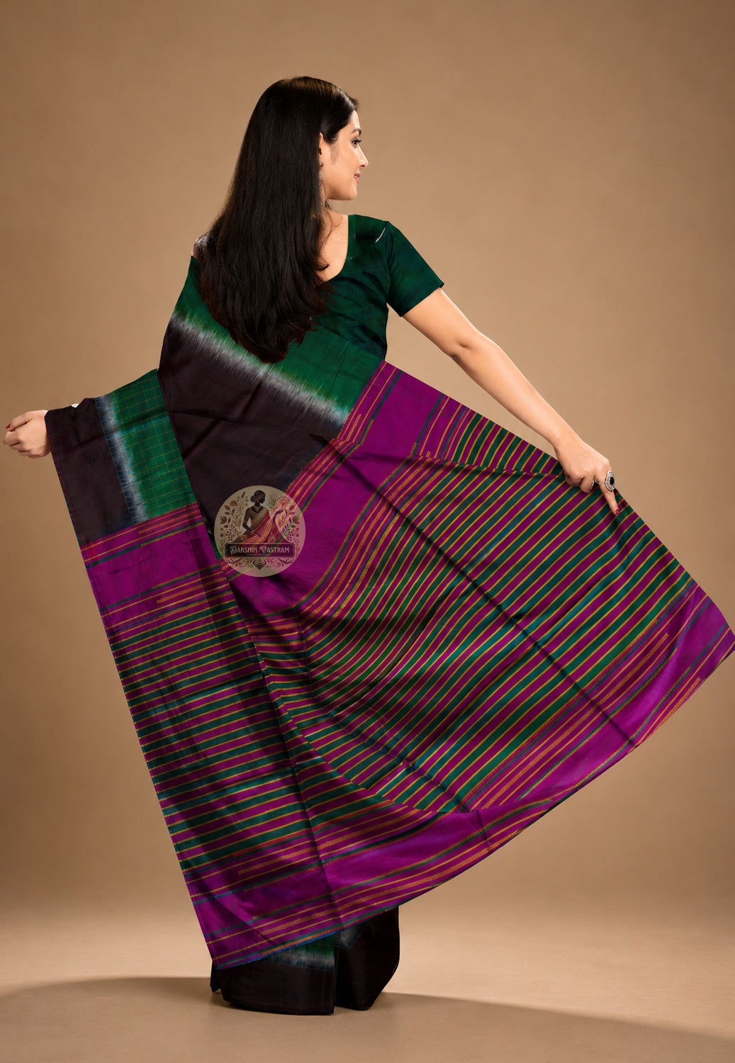 Rear view of handwoven Bishnupur Katan Silk Saree displaying richly woven pallu with traditional Bengal heritage patterns