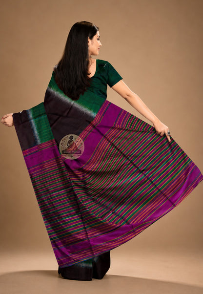 Rear view of handwoven Bishnupur Katan Silk Saree displaying richly woven pallu with traditional Bengal heritage patterns