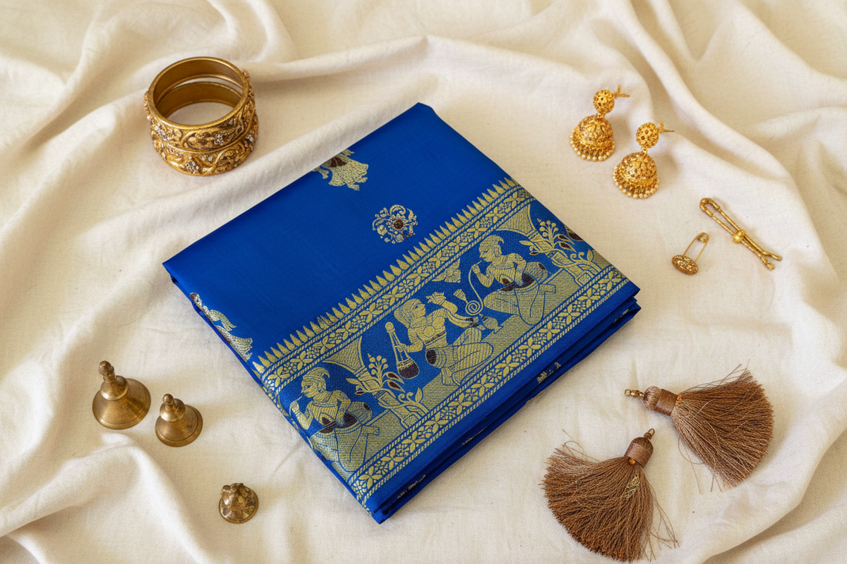 Buy Luxury Baluchari Pure Silk Saree – Full-length view in luminous mulberry silk