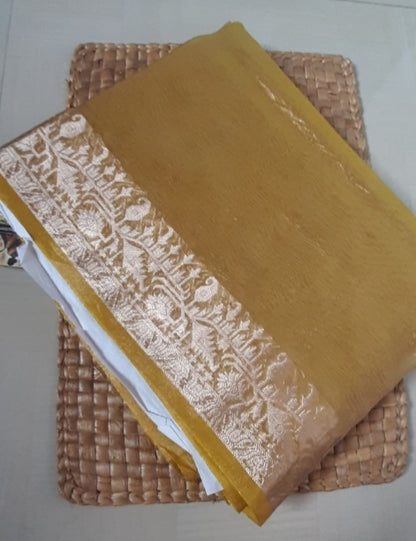 Front side view of Tissue Banarasi Saree showcasing soft, luxurious silk and intricate weaving