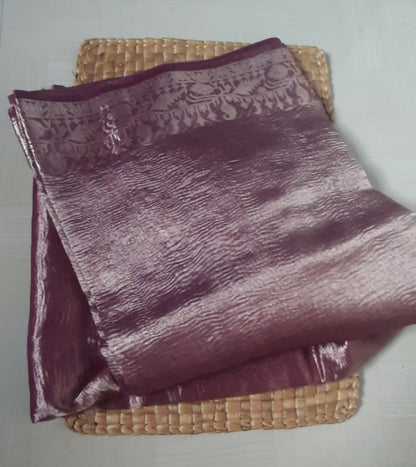 Front side view of Tissue Banarasi Saree with organic silk fabric and intricate craftsmanship