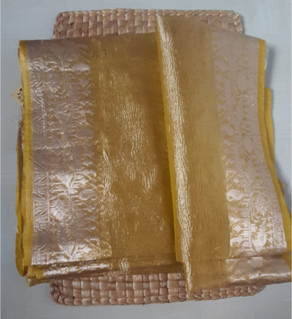 Front side view of Tissue Banarasi Saree showcasing soft, luxurious silk and intricate weaving